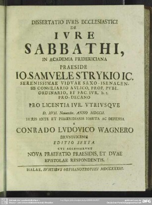 Hoc Est I. De Iure Sabbathi : Dissertatio Iuris Ecclesiastici De Iure Sabbathi ...