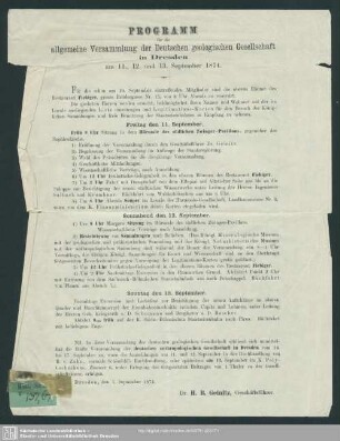 Programm für die allgemeine Versammlung der Deutschen Geologischen Gesellschaft in Dresden am 11., 12. und 13. September 1874