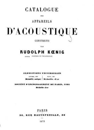 Catalogue de Principaux Appareils d'Acoustique, de Rudolf König, Paris