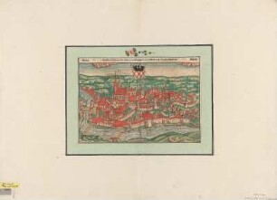 Vogelschaubild der Stadt Eger, kolor. Holzschnitt, 1598 : Die Statt Eger vor dem Behemer wald gelegen, contrafehtet nach jetziger gelegenheit / H. K. - [Basel] : [Henricpetri] , [1598]. - 1 Vogelschaubild : kolor. Holzschnitt ; 34 x 23 cm