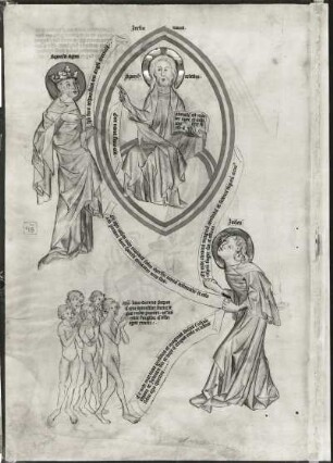 20. Christus vor Ponitus Pialtus & 20 b. Die Babylonier fordern den Tod Daniel (Christus als Weltenrichter) : 20. Christus vor Ponitus Pialtus & 20 b. Die Babylonier fordern den Tod Daniel (Christus als Weltenrichter). Illustration zu "Biblia pauperum und Apokalypsis", fol. 20v. Feder, koloriert, Pergament, 48,0 x 33,0 cm. Erfurt, um 1350. Klassik Stiftung Weimar, Herzogin Anna Amalia Bibliothek Fol.max.4