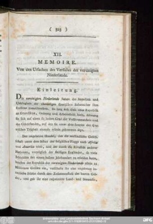 XII. Memoire. Von den Ursachen des Verfalles der vereinigten Niederlande.