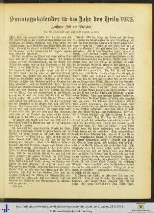 Sonntagskalender für das Jahr des Heils 1912.