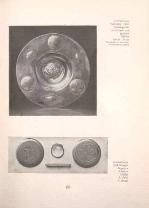 Gravierklasse Flemming (1924), Messingteller geschlagen und gepunzt, Schüler Joseph Herzer / Gravierklasse Karl Schmidt, Repercé-Arbeiten, Schüler A. Wahl, E. Weber