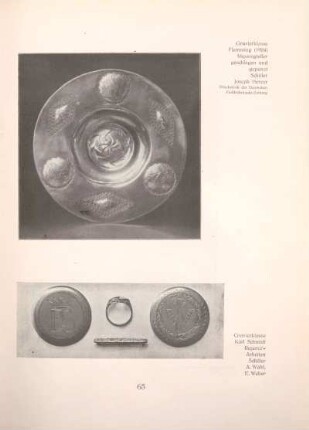 Gravierklasse Flemming (1924), Messingteller geschlagen und gepunzt, Schüler Joseph Herzer / Gravierklasse Karl Schmidt, Repercé-Arbeiten, Schüler A. Wahl, E. Weber