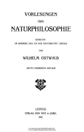 Vorlesungen über Naturphilosophie : gehalten im Sommer 1901 an der Universität Leipzig