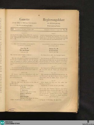 Gazette of the Office of Military Government for Württemberg-Baden : = Regierungsblatt der Militärregierung Württemberg-Baden