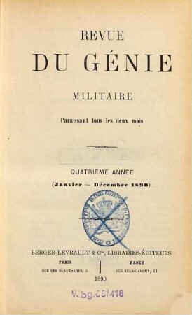 Revue du génie militaire. 4 = A. 4. 1890