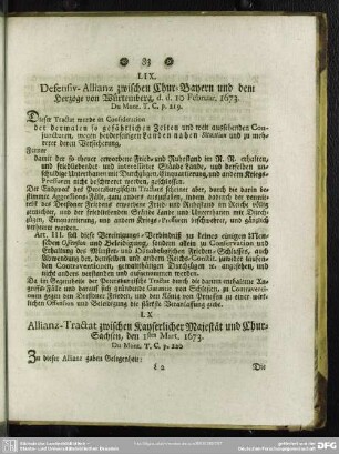 LIX. Defensiv-Allianz zwischen Chur-Bayern und dem Herzoge von Würtemberg, d. d. 10 Februar. 1673