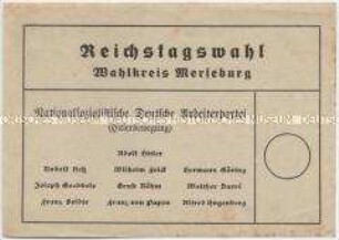 Stimmzettel zur "Reichstagswahl" im November 1933 für den Wahlkreis Merseburg mit den Wahlkandidaten der NSDAP
