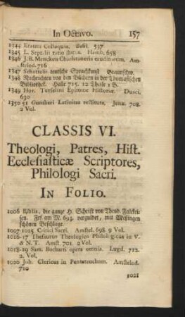 Classis VI. Theologi, Patres, Hist. Ecclesiasticae Scriptores, Philologi Sacri. In Folio