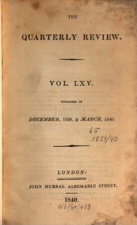 The quarterly review. 65 = No. 129 - 130. 1839/40 (1840)