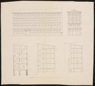 Viergeschossiges Palais Umbau: Vorder- und Seitenansicht, Schnitte