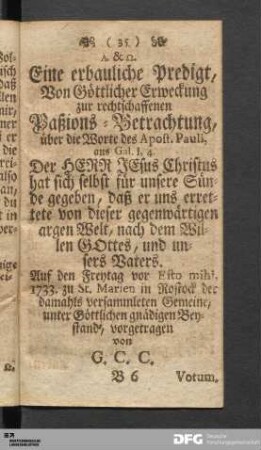 Eine erbauliche Predigt, Von Göttlicher Erweckung zur rechtschaffenen Paßions-Betrachtung