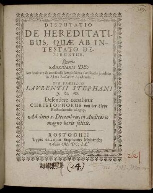 Disputatio De Hereditatibus, Quae Ab Intestato Deferuntur