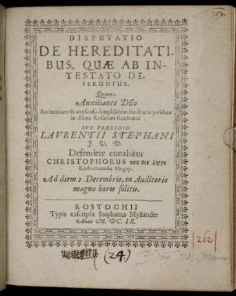 Disputatio De Hereditatibus, Quae Ab Intestato Deferuntur