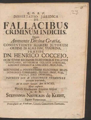 Dissertatio Iuridica De Fallacibus Criminum Indiciis