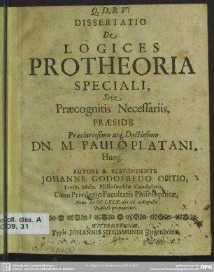 Dissertatio de logices pro theoria speciali, sive praecognitis necessariis