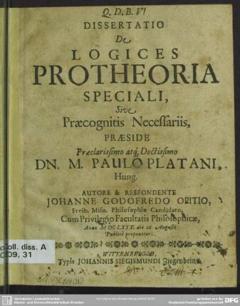 Dissertatio de logices pro theoria speciali, sive praecognitis necessariis