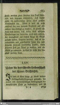 LXIV. Ueber die herrschende Leidenschaft des schönen Geschlechts