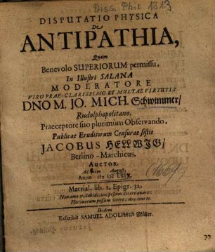 Disputatio Physica De Antipathia