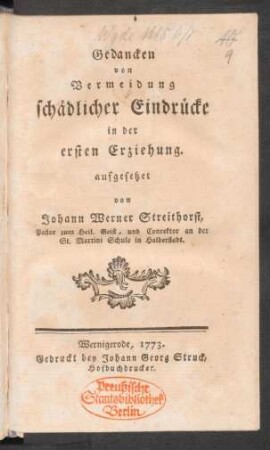 Gedancken von Vermeidung schädlicher Eindrücke in der ersten Erziehung