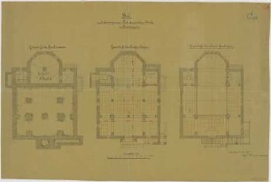 Thiersch, August ; Berchtesgaden (Bayern); Ev. Pfarrkirche - Grundriss Souterrain, Grundriss EG, Grundriss OG