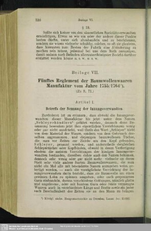 Beilage VII. Fünftes Reglement der Baumwollenwaaren Manufaktur vom Jahre 1755/1764