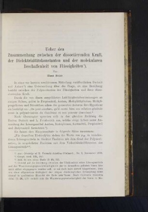 Ueber den Zusammenhang zwischen der dissociierten Kraft, der Dielektrizitätskonstanten und der molekularen Beschaffenheit von Flüssigkeiten.