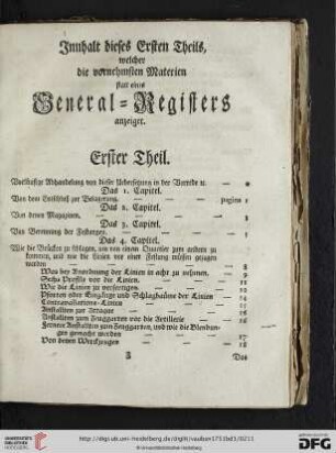 Innhalt dieses Ersten Theils, welcher die vornehmsten Materien statt eines General = Registers anzeiget