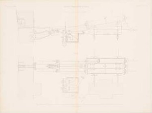 Hydraulische Windevorrichtung, Hamburg: Grundriss, Seitenansicht hydraulische Maschine (aus: Atlas zur Zeitschrift für Bauwesen, hrsg. v. G. Erbkam, Jg. 4, 1854)