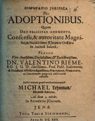 Disputatio Iuridica De Adoptionibus