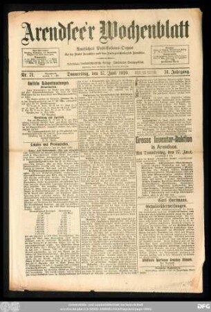 Arendsee'r Wochenblatt, Nr. 71. Donnerstag, den 17. Juni 1920.