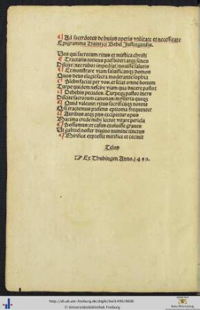 Ad sacerdotes de huius operis utilitate et necessitate Epigramma Hainrici Bebel Justingensis