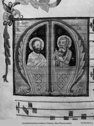 Initiale M mit zwei Heiligen - Antiphonarium Commune Sanctorum, Proprium de Sanctis et Proprium de tempore