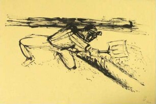 Druckgrafik einer Tuschezeichnung aus dem Zyklus "Amerikanische Bergleute unter Tage", Bl. 6: Bergmann im Streb