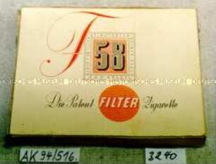 Pappschachtel für 10 Stück Zigaretten "F 58 Die Patent FILTER Zigarette" mit Inhalt