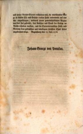 Promemoria. Einer Hochlöblichen Reichs-Versammlung leget Endes unterschriebene Gesandtschaft, in Verfolg letzteren Reichs-Dictati ...