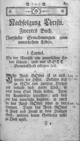 Nachfolgung Christi. Zweytes Buch. Nützliche Ermahnungen zum innerlichen Leben.
