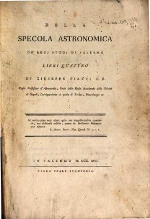 Della Specola Astronomica De' Regj Studj Di Palermo Libri Quattro. 1/4