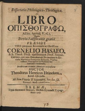 Dissertatio Philologico-Theologica, De Libro Opisthographō, Ad loc. Apocal. V. vs. 1