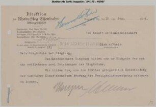 Brücke A: Brief bzgl. Zeichnungen der Siegbrücke Siegburg
