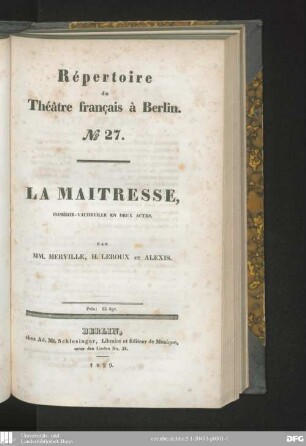 La maîtresse : comédie-vaudeville en deux actes