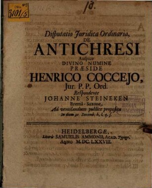 Disputatio Juridica Ordinaria, De Antichresi