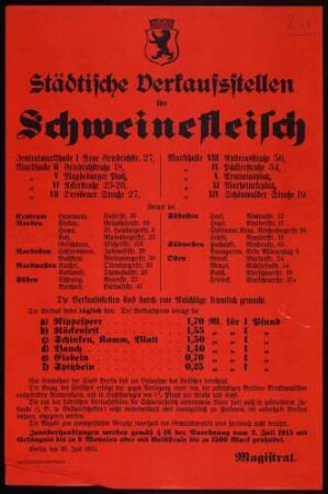 "Städtische Verkaufsstellen für Schweinefleisch" in Berlin, folgt: Verkaufsstellen, Verkaufspreise