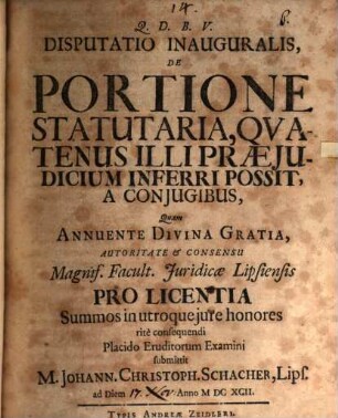 Disputatio Inauguralis, De Portione Statutaria, Quatenus Illi Praejudicium Inferri Possit, A Conjugibus