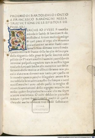 Epistole di Phalari : mit Widmungsvorrede an Franciscus Baroncinus von Bartholomaeus Fontius