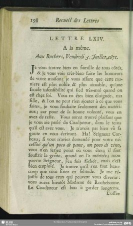 Lettre LXIV. A la même. Aux Rochers, Vendredi 3. Juillet, 1671
