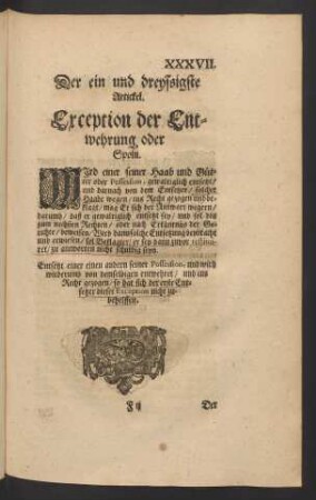 Der ein und dreyssigste Artickel. Exception der Entwehrung oder Spolii.