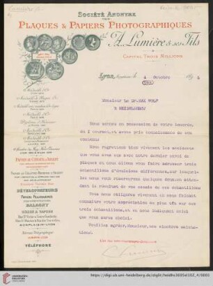 Briefe von Antoine Lumière an Max Wolf: Brief von Antoine Lumière von Société Anonyme des Plaques & Papiers Photographiques A. Lumière et Ses Fils (Lyon) an Max Wolf